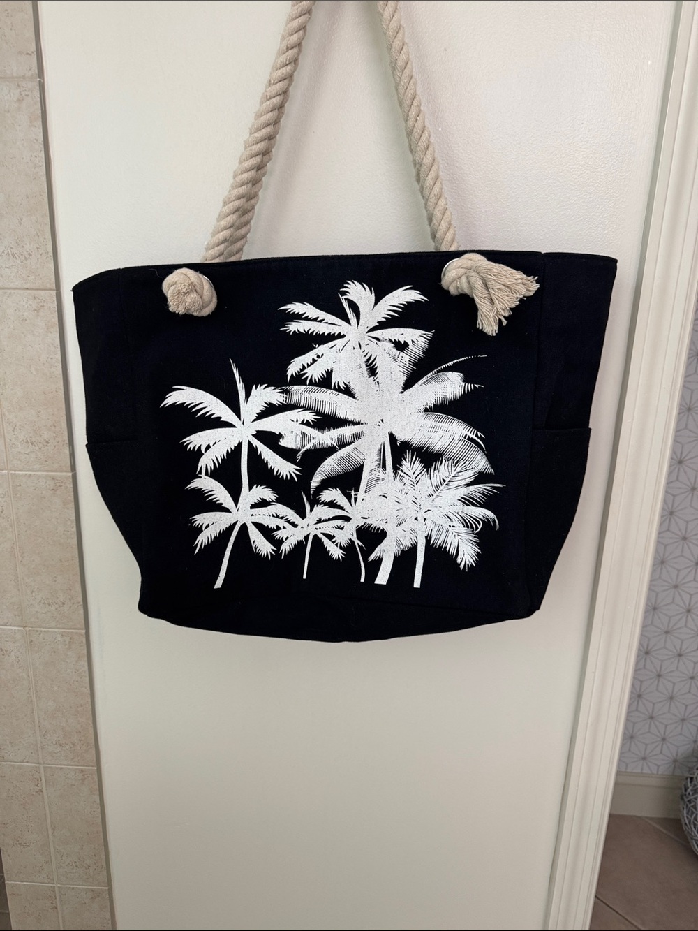 Women’s Black Canvas Tote Bag with White Palm Print and Rope Handles